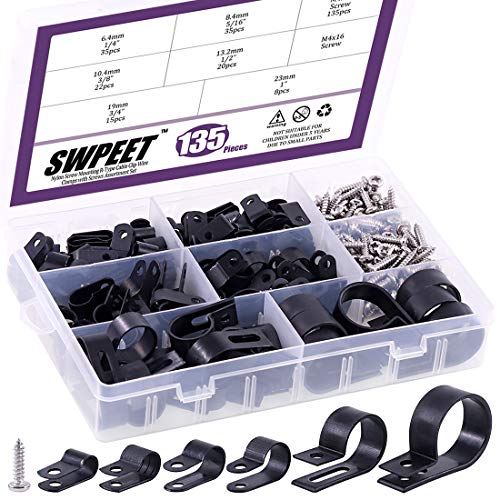 Swpeet 135 Pack 6 Sizes Black Nylon Plastic RType Cable Clips Clamp Assortment Kit 14 516 38 12 34 1 Nylon Screw Mounting Cord Fastener Clips with 135 Pack Screws for Wire Management - Image 1