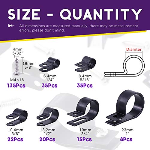 Swpeet 135 Pack 6 Sizes Black Nylon Plastic RType Cable Clips Clamp Assortment Kit 14 516 38 12 34 1 Nylon Screw Mounting Cord Fastener Clips with 135 Pack Screws for Wire Management - Image 3