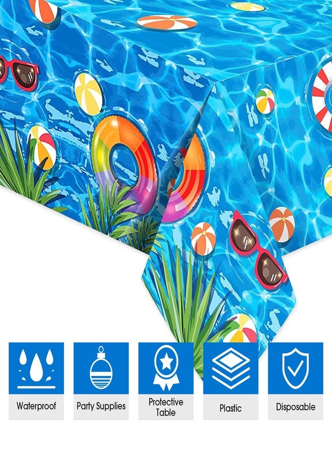 BOKFJBP 3 قطع من مفارش طاولة حفلات المسبح، غطاء طاولة بلاستيكي صيفي للاستخدام مرة واحدة، غطاء طاولة شاطئ، غطاء طاولة مائي لتزيين حفلات الشاطئ الصيفية، ديكورات المسبح، ديكور طاولة طعام لحفلات أعياد الميلاد والسباحة، 51 × 86 بوصة - Image 3