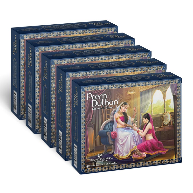 Prem Dulhan Hand Designing Without Chemical Long Lasting For Men Women Of 12 Pieces Natural Mehandi Cone 350 GRM Blue Pack of 5 - Image 1