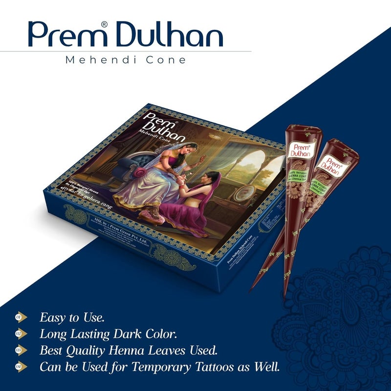 Prem Dulhan Hand Designing Without Chemical Long Lasting For Men Women Of 12 Pieces Natural Mehandi Cone 350 GRM Blue Pack of 5 - Image 5
