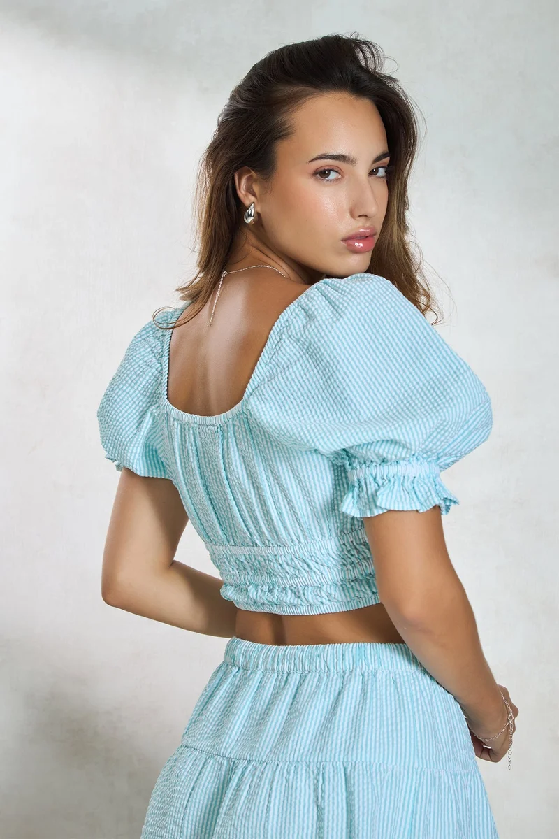 Virgio Blue Stripes Cotton Puff Sleeve V-Neck Smocked Crop Top for Women for Women | Best Price UAE