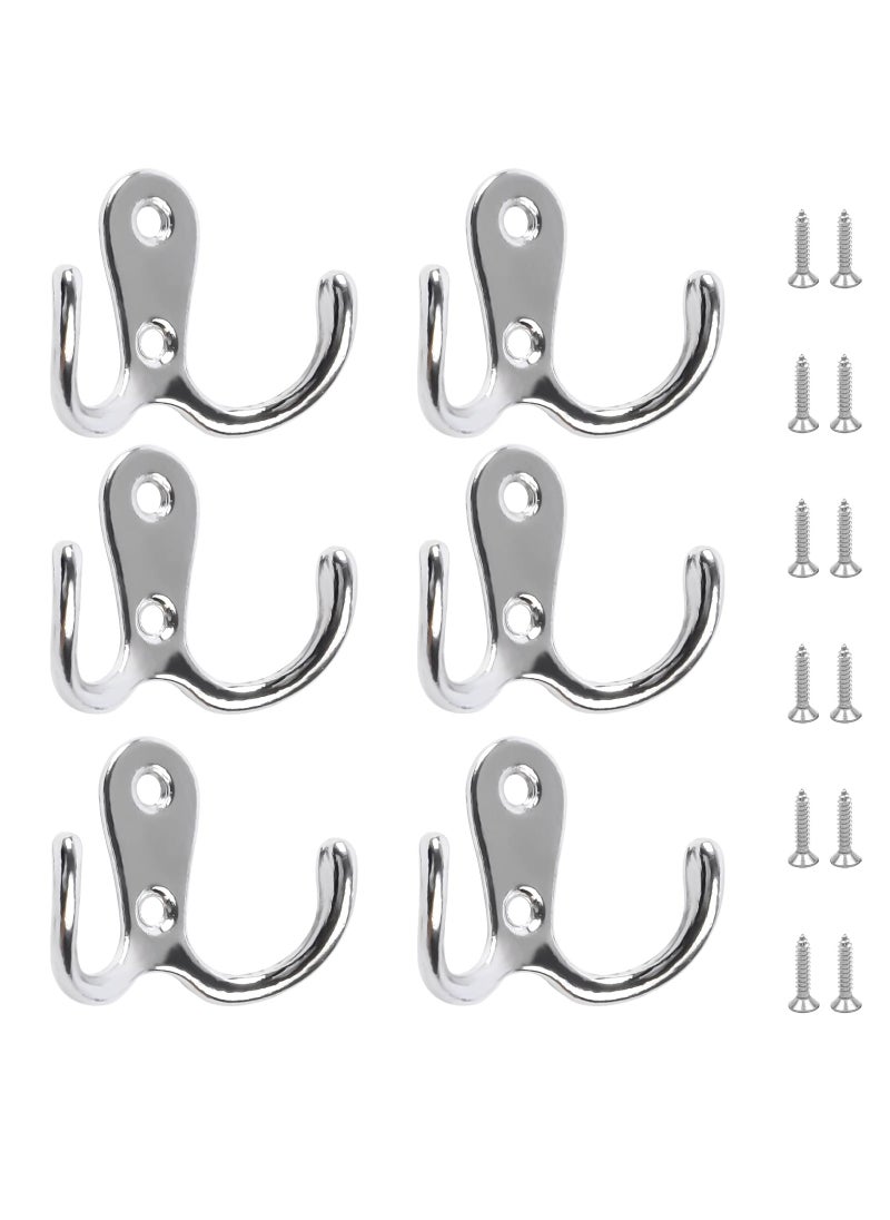 SYOSI Double Prong Robe Hooks, 6Pcs Dual Coat Hooks Door Hooks with 12Pcs Screws Chrome Wall Mounted Hooks for Hanging Hat Tie Clothes Towel Metal Retro Cloth Hanger Silver for Bedroom Bathroom Kitchen  - Image 1