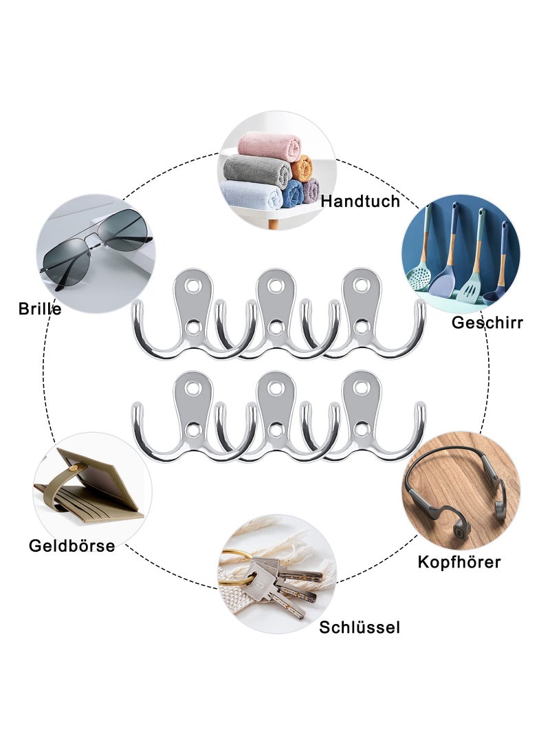 SYOSI Double Prong Robe Hooks, 6Pcs Dual Coat Hooks Door Hooks with 12Pcs Screws Chrome Wall Mounted Hooks for Hanging Hat Tie Clothes Towel Metal Retro Cloth Hanger Silver for Bedroom Bathroom Kitchen  - Image 2