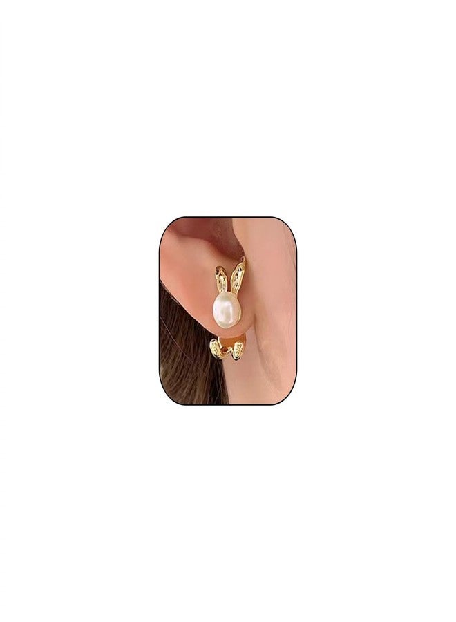 GLMOCM Easter Bunny Earrings for Women Vintage Pearl Rabbit Earrings Pearl Bunny Ear Jacket for Women Animal Jewelry (Gold rabbit earrings) - Image 1