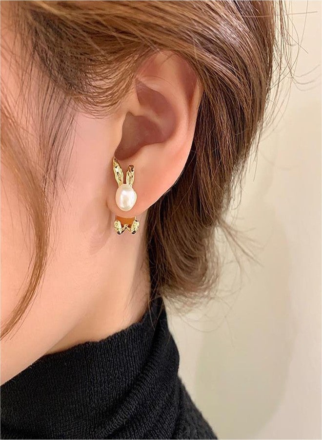 GLMOCM Easter Bunny Earrings for Women Vintage Pearl Rabbit Earrings Pearl Bunny Ear Jacket for Women Animal Jewelry (Gold rabbit earrings) - Image 3