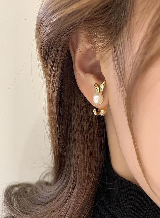 GLMOCM Easter Bunny Earrings for Women Vintage Pearl Rabbit Earrings Pearl Bunny Ear Jacket for Women Animal Jewelry (Gold rabbit earrings) - Image 2