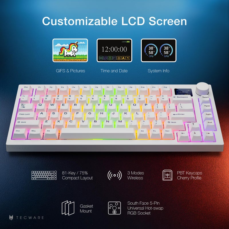 TECWARE Spectre 75 Mechanical Gaming Keyboard | Customizable LCD Screen Display & Knob | Tri-Mode Wireless Bluetooth 2.4GHz | Gasket Mount Hot Swappable | White Candy Red Linear Switches - Image 4