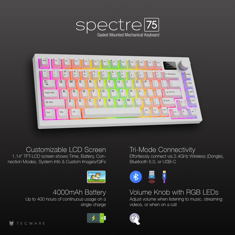 TECWARE Spectre 75 Mechanical Gaming Keyboard | Customizable LCD Screen Display & Knob | Tri-Mode Wireless Bluetooth 2.4GHz | Gasket Mount Hot Swappable | White Candy Red Linear Switches - Image 2