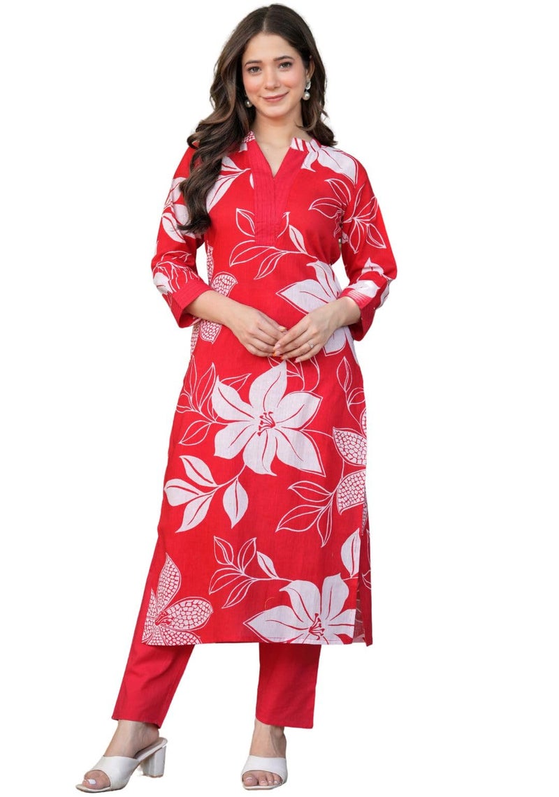 rytras Women's Pure Cotton Printed Ethnic Wear Straight Kurta Set with Palazzo Pants(RYT637,Red,L) - Image 1