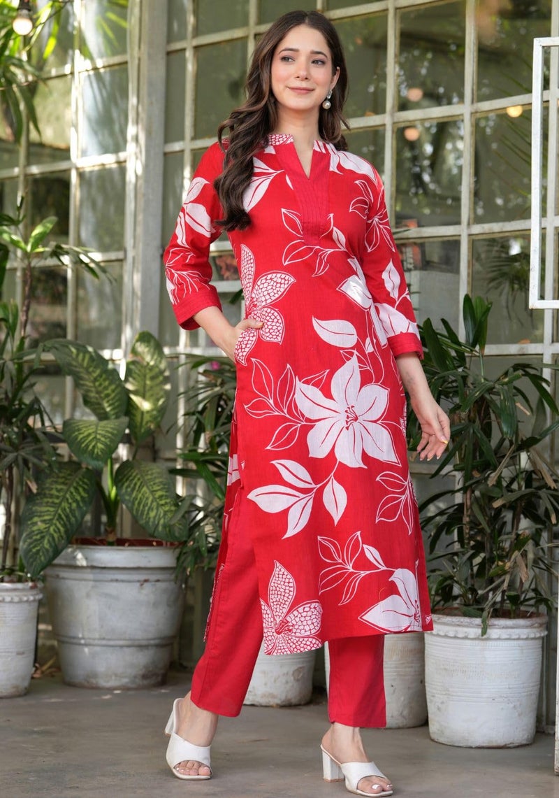 rytras Women's Pure Cotton Printed Ethnic Wear Straight Kurta Set with Palazzo Pants(RYT637,Red,L) - Image 4