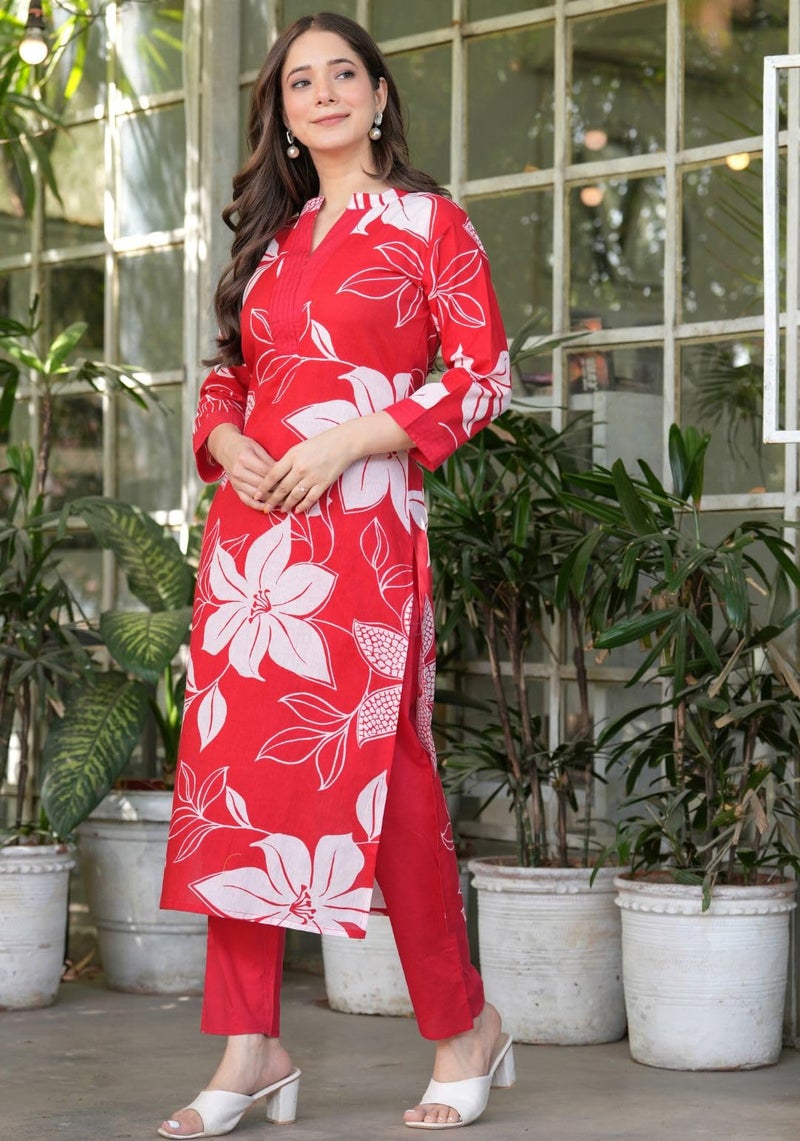 rytras Women's Pure Cotton Printed Ethnic Wear Straight Kurta Set with Palazzo Pants(RYT637,Red,L) - Image 3
