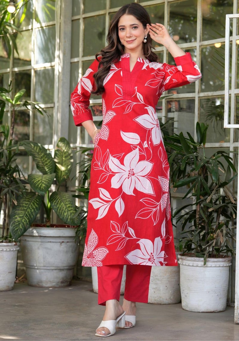 rytras Women's Pure Cotton Printed Ethnic Wear Straight Kurta Set with Palazzo Pants(RYT637,Red,L) - Image 5