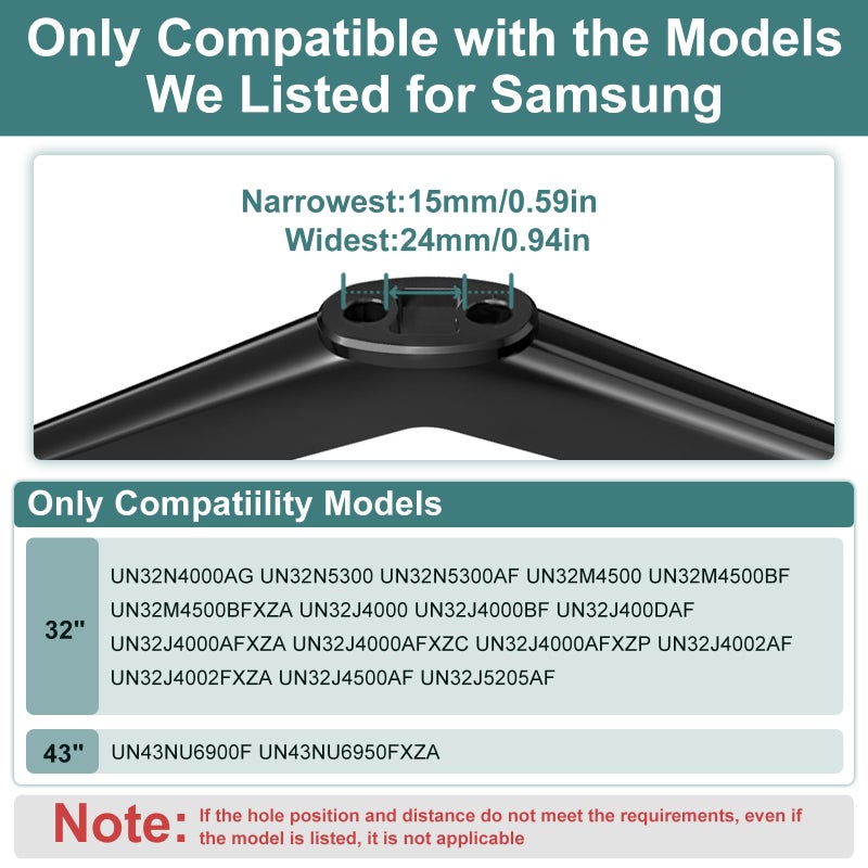 Maozhren TV Stand for Samsung TV Legs, for UN32N5300 UN32M4500 UN32J4000 UN32J5205AF UN32J400DAF UN43NU6900F for Samsung TV Stand Legs, Please Measure Distance Between TV Bottom Two Holes - Image 3