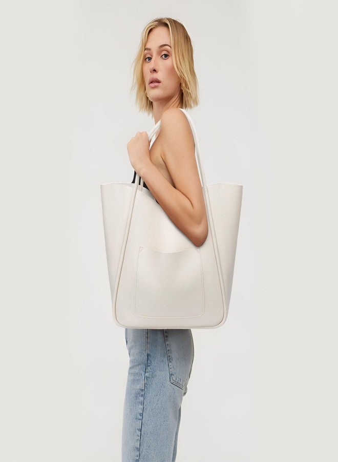 KKXIU Tote Bag for Women Vegan Leather Shoulder Purse Large Capacity Travel Bag - Cream White - Image 2