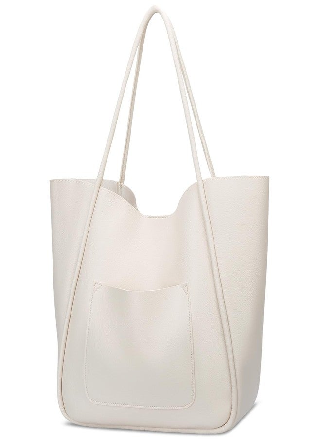 KKXIU Tote Bag for Women Vegan Leather Shoulder Purse Large Capacity Travel Bag - Cream White - Image 1
