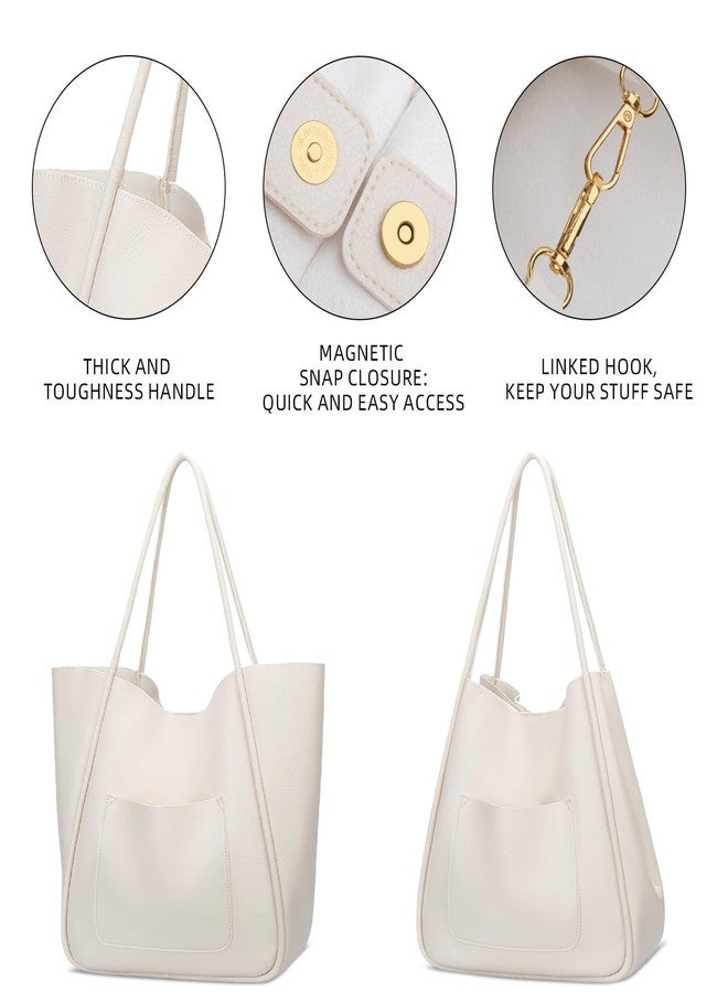 KKXIU Tote Bag for Women Vegan Leather Shoulder Purse Large Capacity Travel Bag - Cream White - Image 4