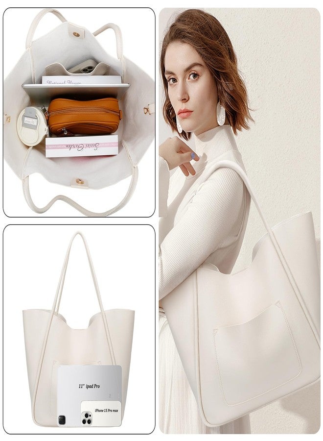 KKXIU Tote Bag for Women Vegan Leather Shoulder Purse Large Capacity Travel Bag - Cream White - Image 5
