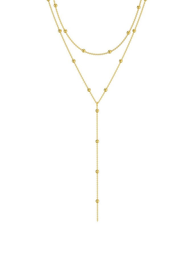 Goolsky Gold Necklace for Women, Dainty Long Necklace Plated Y-Shaped Pendant Necklace Trendy Layered Beaded Chain Drop Necklaces Simple Gold Jewelry For Women Girls Gift, - Image 5