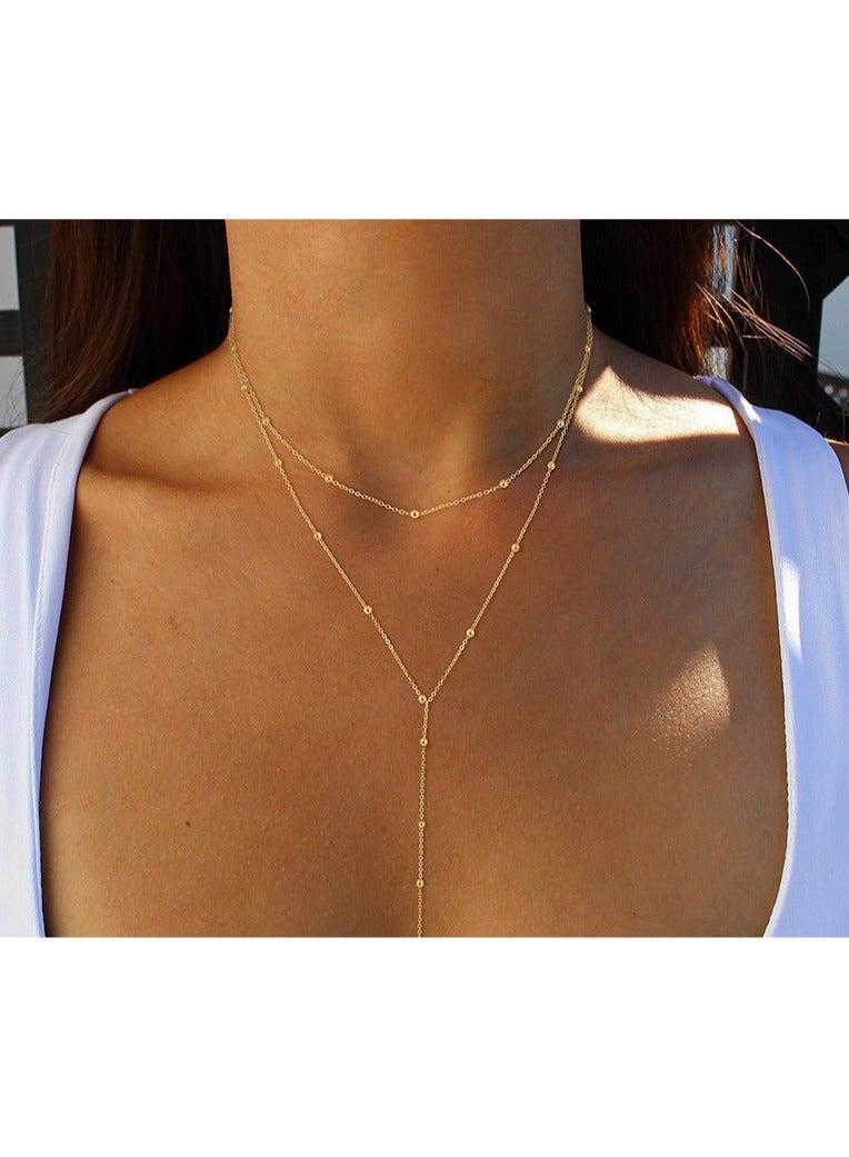 Goolsky Gold Necklace for Women, Dainty Long Necklace Plated Y-Shaped Pendant Necklace Trendy Layered Beaded Chain Drop Necklaces Simple Gold Jewelry For Women Girls Gift, - Image 3