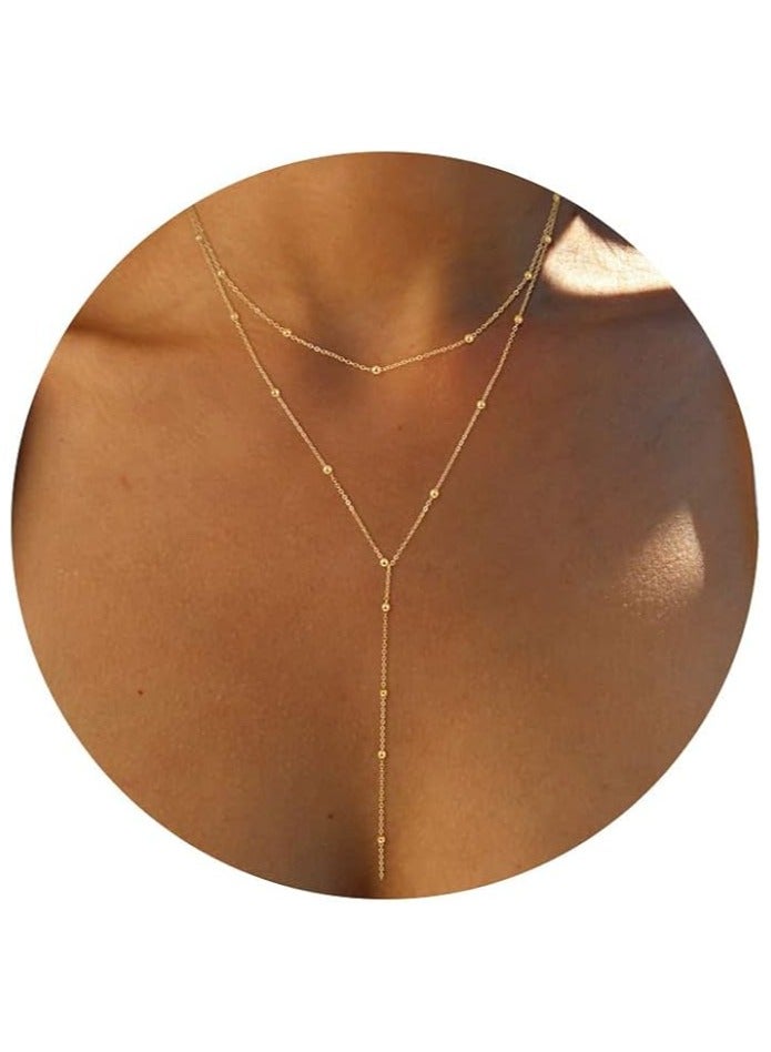 Goolsky Gold Necklace for Women, Dainty Long Necklace Plated Y-Shaped Pendant Necklace Trendy Layered Beaded Chain Drop Necklaces Simple Gold Jewelry For Women Girls Gift, - Image 1