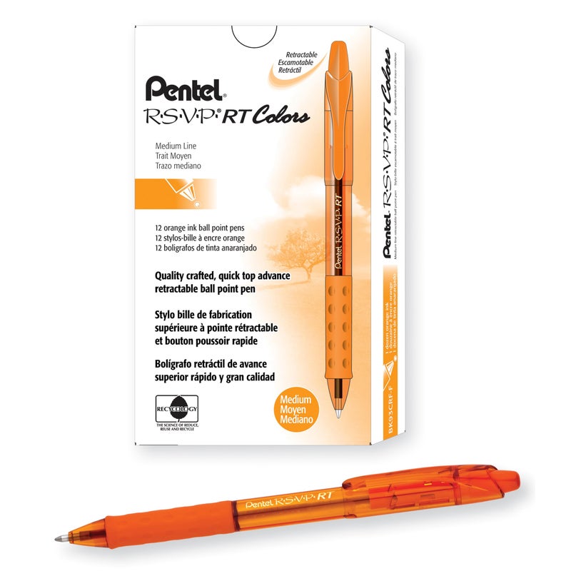 Pentel RSVP RT Colors Retractable Ballpoint Pen, (1.0mm) Medium Line, Barrel, Orange Ink, Box of 12 (BK93CRF-F) - Image 1