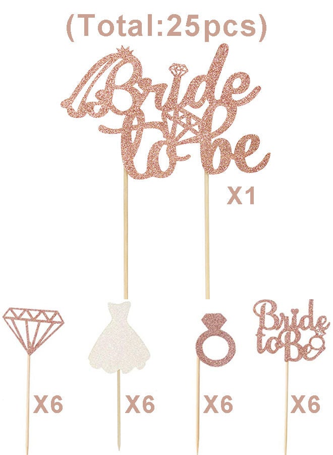 25pcs Bride To Be Cake Topper and Cupcake Toppers Sparkling Glitter Rose Gold Diamond Ring Wedding Dress Cake Decorations for Engagement Wedding Bachelorette Party Bridal Shower Party - Image 2