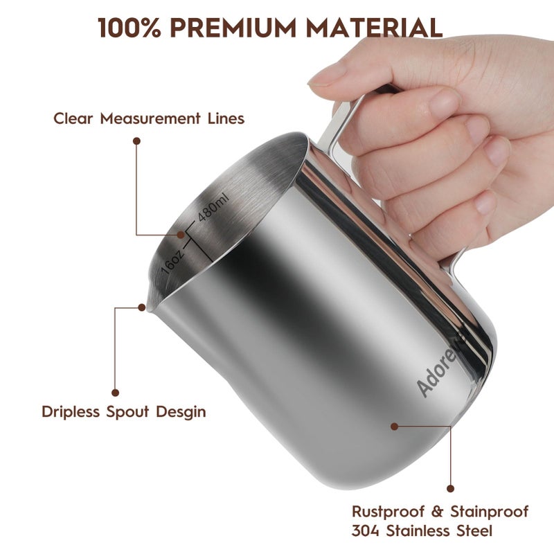 Adorever Milk Frothing Pitcher  16Oz 480Ml Milk Frother Cup Stainless Steel Steaming Pitcher  Coffee Bar Cappuccino Espresso Machine Accessories Barista Tools  Steamer Cup Milk Jug With Latte Art Pen - Image 2