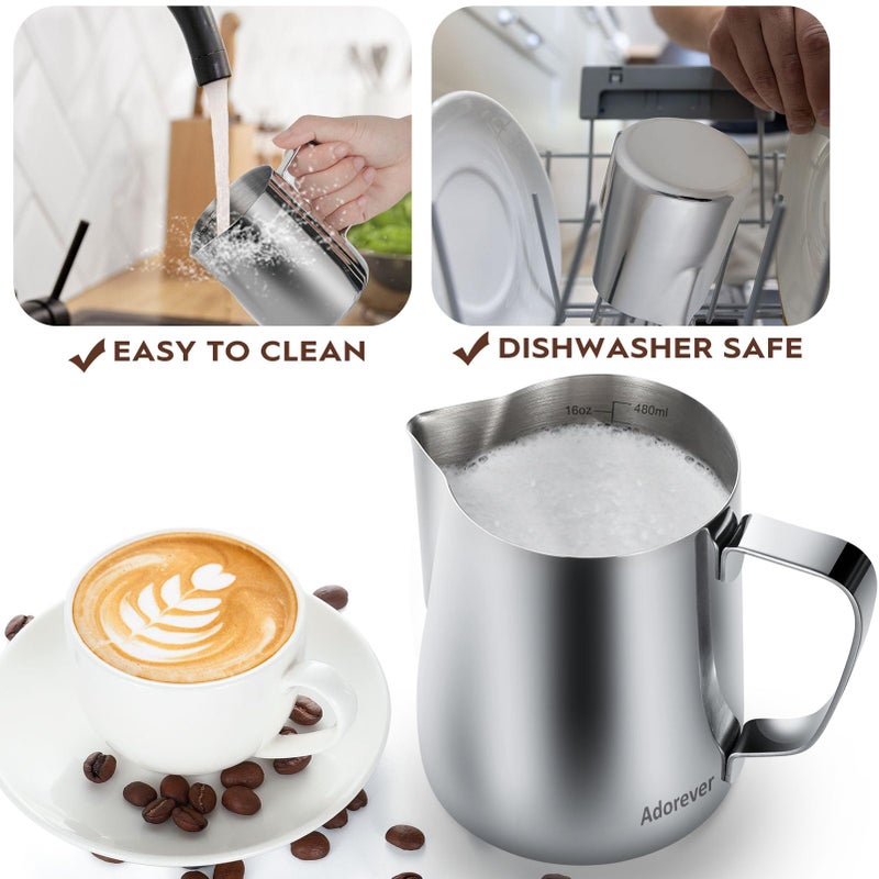 Adorever Milk Frothing Pitcher  16Oz 480Ml Milk Frother Cup Stainless Steel Steaming Pitcher  Coffee Bar Cappuccino Espresso Machine Accessories Barista Tools  Steamer Cup Milk Jug With Latte Art Pen - Image 5