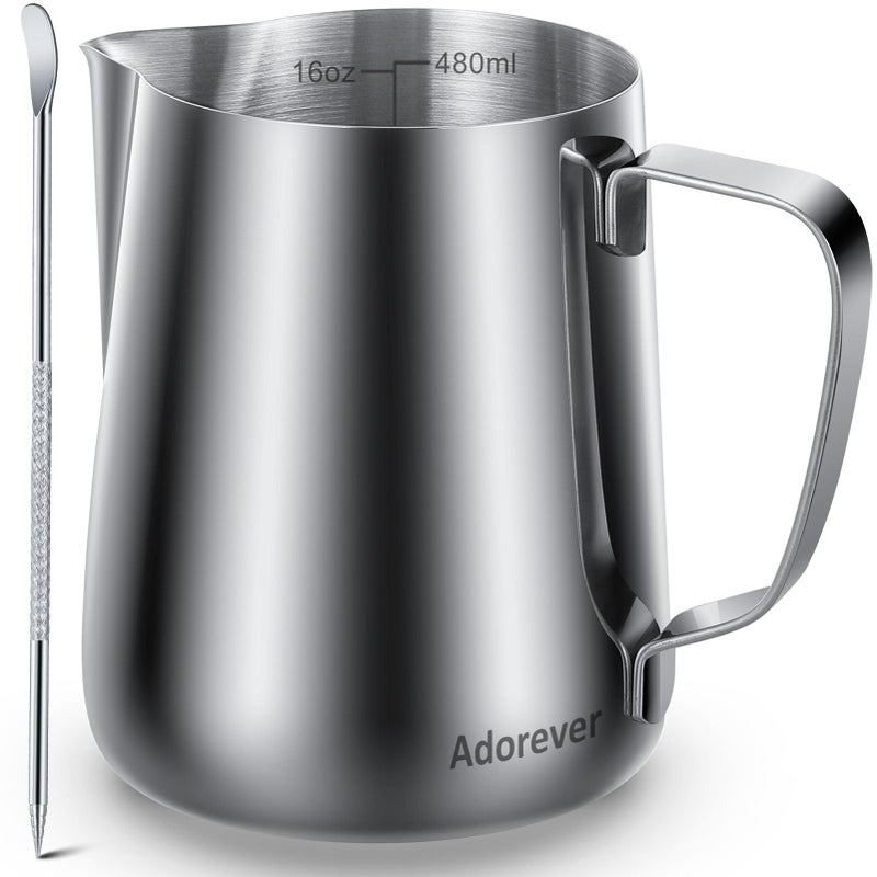 Adorever Milk Frothing Pitcher  16Oz 480Ml Milk Frother Cup Stainless Steel Steaming Pitcher  Coffee Bar Cappuccino Espresso Machine Accessories Barista Tools  Steamer Cup Milk Jug With Latte Art Pen - Image 1
