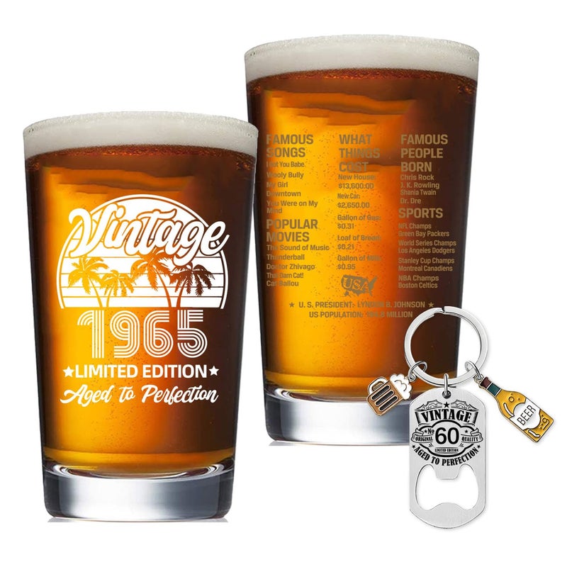 Tillfuru 60th Birthday Beer Glasses Gifts 60 Years Old Gifts for Men Vintage 1965 Old Time Information for 60th Birthday Gifts Funny 60th Beer Glasses 60th Birthday Cup With Bottle Opener Keychain 16 oz