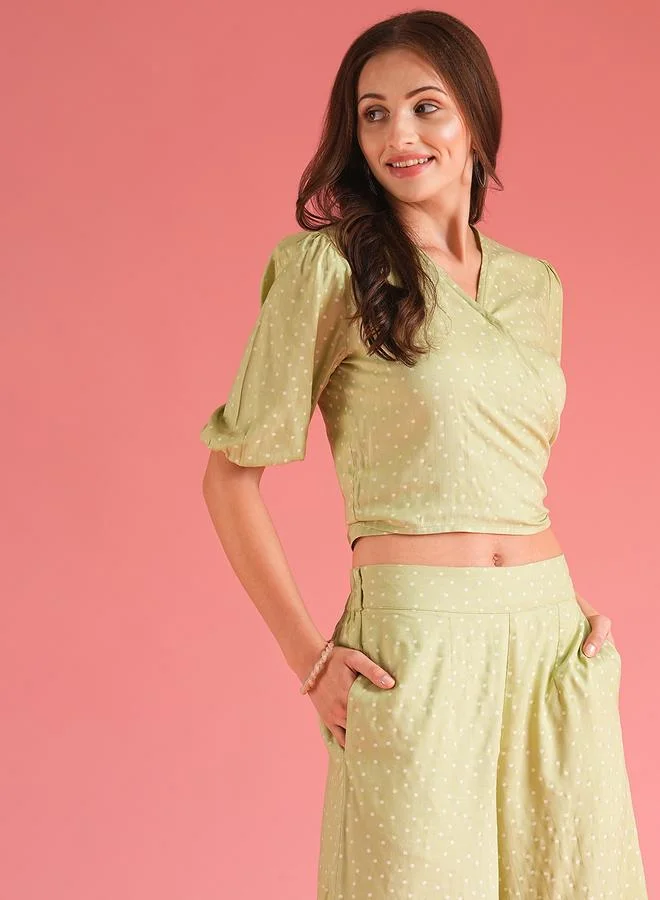 globus Globus Women Green Polka Dot Print Wrap Tie Back Top and Palazzos Co-Ords