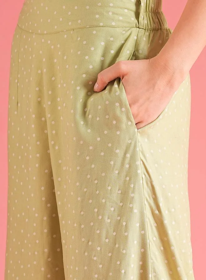 globus Globus Women Green Polka Dot Print Wrap Tie Back Top and Palazzos Co-Ords