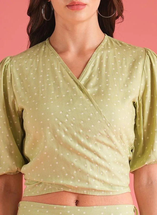 globus Globus Women Green Polka Dot Print Wrap Tie Back Top and Palazzos Co-Ords