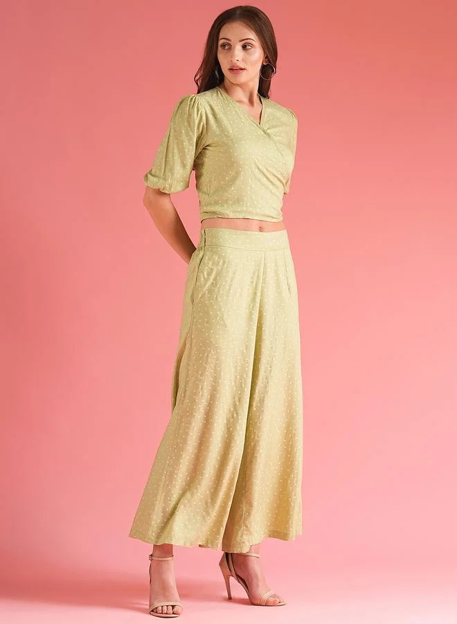 جلو باص Globus Women Green Polka Dot Print Wrap Tie Back Top and Palazzos Co-Ords
