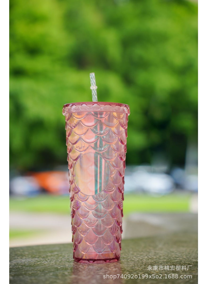 Generic - New factory direct supply double-layer plastic cup straw Cup fashion fish scale cup large capacity durian cup water cup straw Cup - Image 1