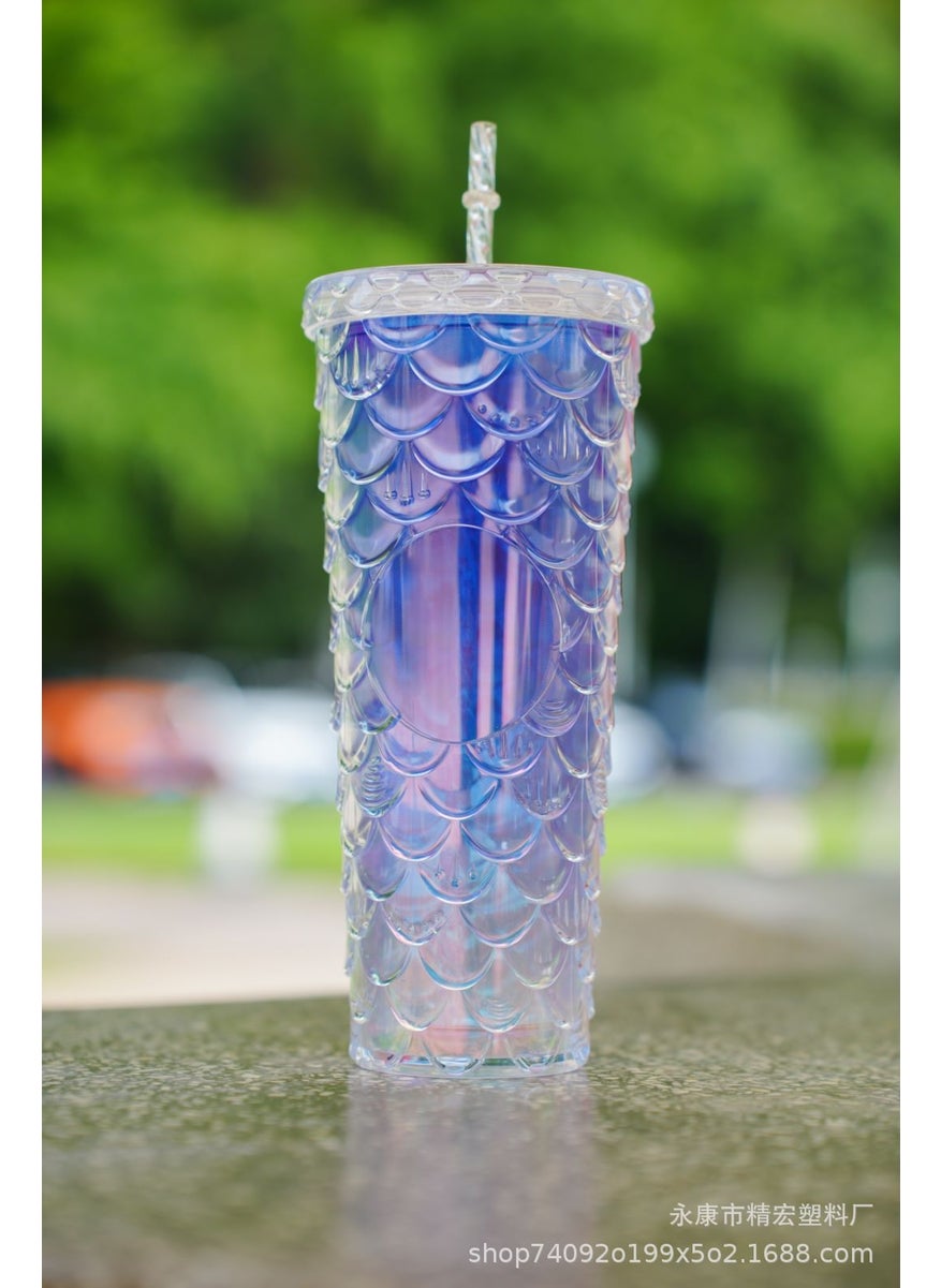 Generic - New factory direct supply double-layer plastic cup straw Cup fashion fish scale cup large capacity durian cup water cup straw Cup - Image 1