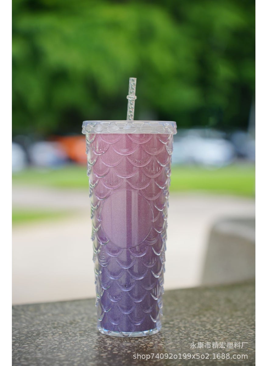 Generic - New factory direct supply double-layer plastic cup straw Cup fashion fish scale cup large capacity durian cup water cup straw Cup - Image 1