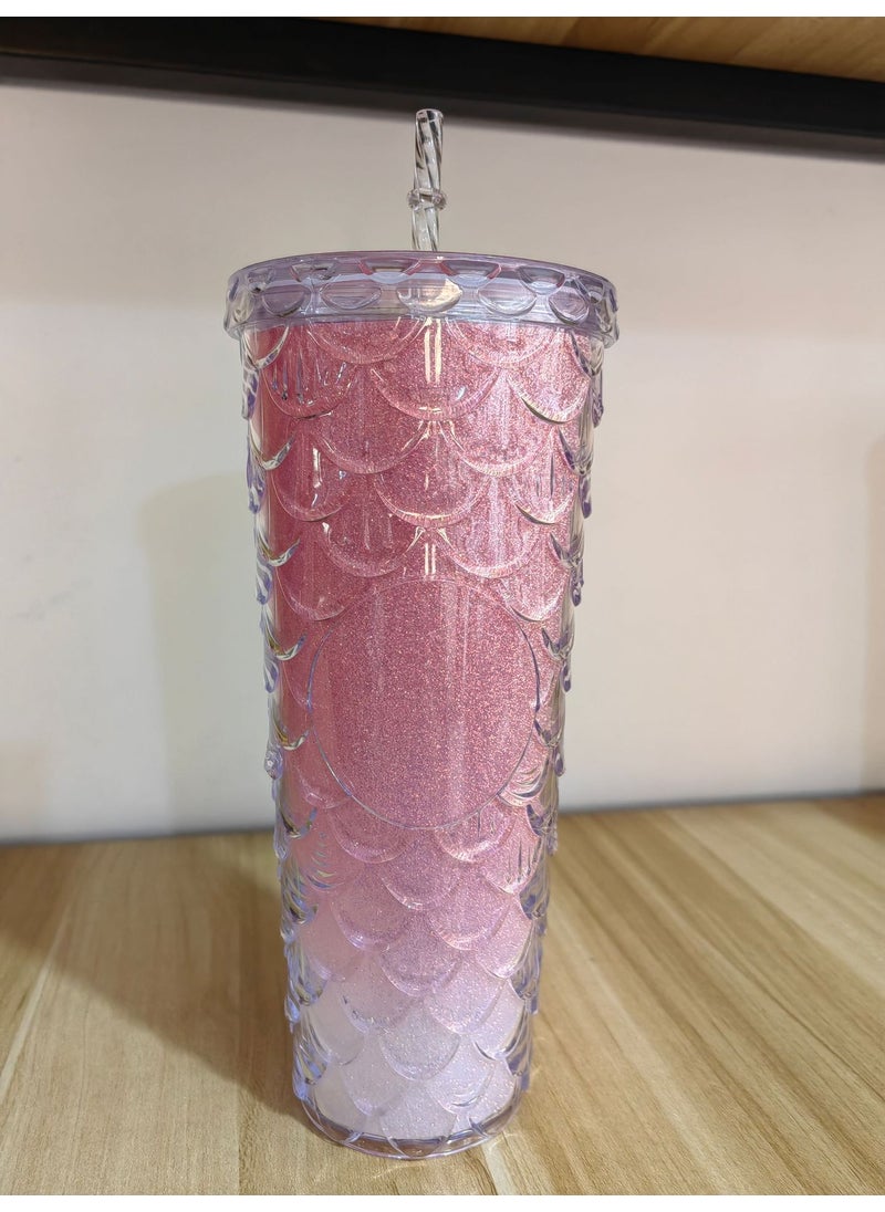 Generic - New factory direct supply double-layer plastic cup straw Cup fashion fish scale cup large capacity durian cup water cup straw Cup - Image 1