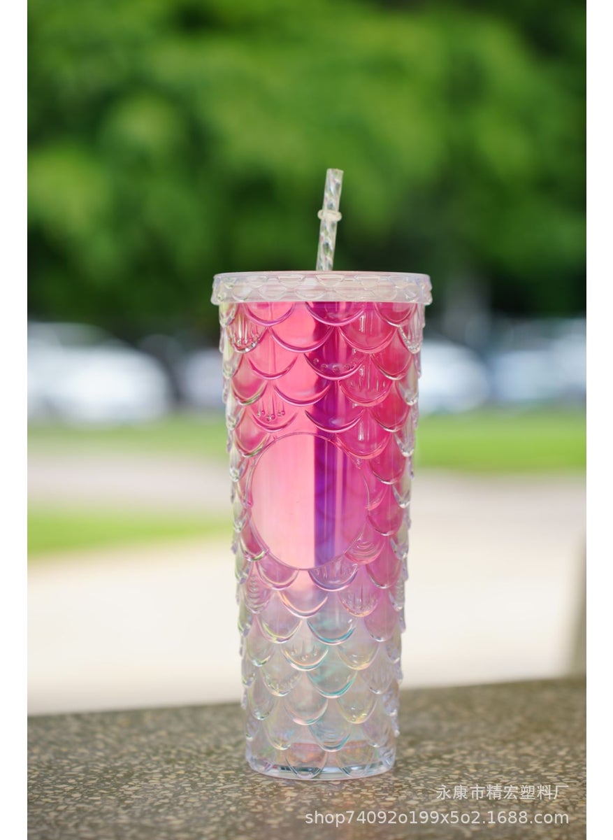 Generic - New factory direct supply double-layer plastic cup straw Cup fashion fish scale cup large capacity durian cup water cup straw Cup - Image 1