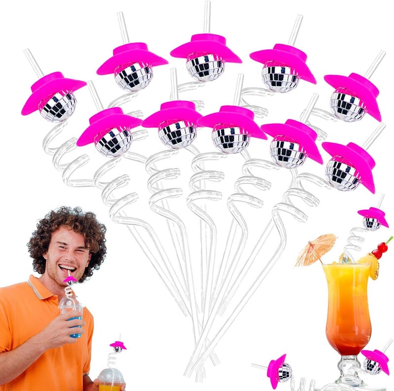 Morofme Disco Ball Straw 10pcs Mini Mirror Disco Cowboy Cowgirl Pink Hat Straw Reusable Plastic Retro Straws for 70s Last Disco Bachelorette Home Bar Karaoke Dance Holiday Wedding Party Supplies