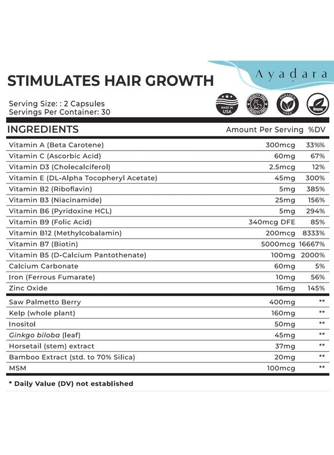 AYADARA فيتامينات الشعر والبشرة والأظافر 60 كبسولة فيتامينات نمو الشعر مع البيوتين مكملات البشرة والأظافر والشعر فيتامينات الشعر لنمو أسرع للشعر حبوب نمو الشعر لنمو الشعر للنساء والرجال - Image 5