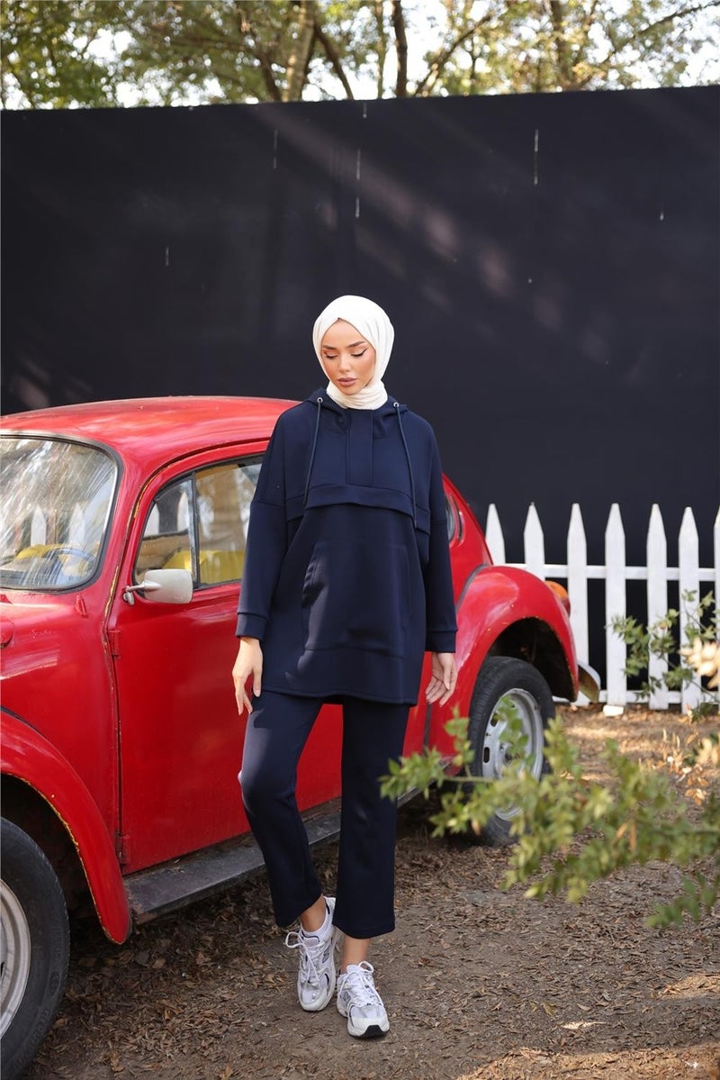 Bwest Hooded Kangaroo Pocket Sweat-Pants Double Tracksuit Sports Set - 71214.015 - Navy Blue - Image 3