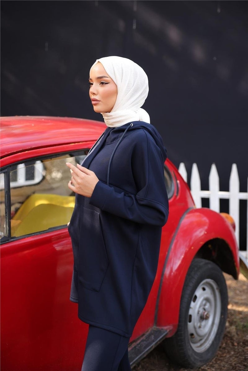 Bwest Hooded Kangaroo Pocket Sweat-Pants Double Tracksuit Sports Set - 71214.015 - Navy Blue - Image 4