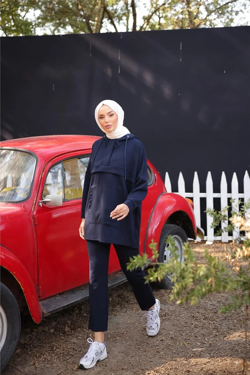 بي ويست Hooded Kangaroo Pocket Sweat-Pants Double Tracksuit Sports Set - 71214.015 - Navy Blue
