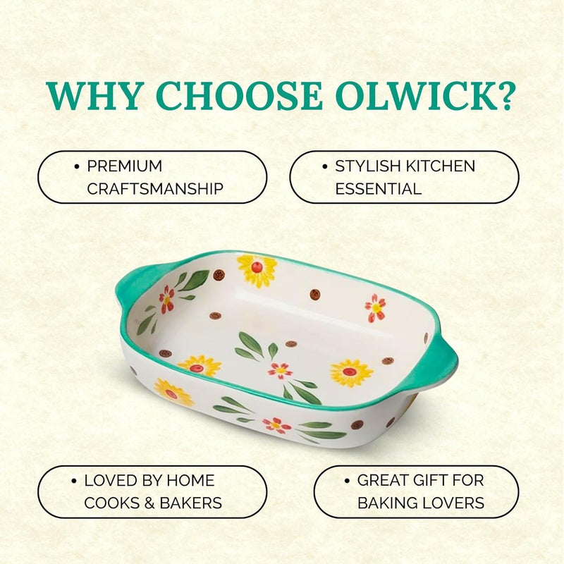 OLWICK وعاء سيراميك مستطيل 1 قطعة، سعة 600 مل، طبق خبز آمن للاستخدام في الميكروويف، أطباق كسرولة للفرن، صواني لازانيا عميقة مع مقابض للمطبخ (أخضر فاتح) - Image 3