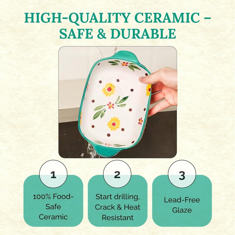 OLWICK وعاء سيراميك مستطيل 1 قطعة، سعة 600 مل، طبق خبز آمن للاستخدام في الميكروويف، أطباق كسرولة للفرن، صواني لازانيا عميقة مع مقابض للمطبخ (أخضر فاتح) - Image 4