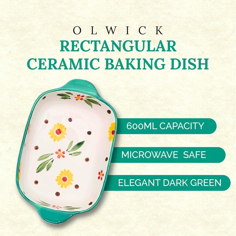 OLWICK وعاء سيراميك مستطيل 1 قطعة، سعة 600 مل، طبق خبز آمن للاستخدام في الميكروويف، أطباق كسرولة للفرن، صواني لازانيا عميقة مع مقابض للمطبخ (أخضر فاتح) - Image 2