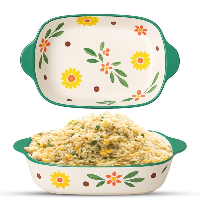 OLWICK وعاء سيراميك مستطيل 1 قطعة، سعة 600 مل، طبق خبز آمن للاستخدام في الميكروويف، أطباق كسرولة للفرن، صواني لازانيا عميقة مع مقابض للمطبخ (أخضر فاتح) - Image 1