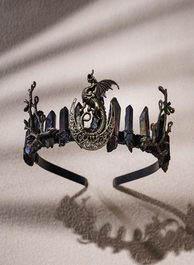 CoTeeZa Black Fairy Crystal Crown - Elf Raw Quartz Tiara Forest Witch Crown Bronze Vintage Dragon Branch Headdress Fantasy Elven Circlet for Festival Wedding Party Halloween Masquerade - Image 4